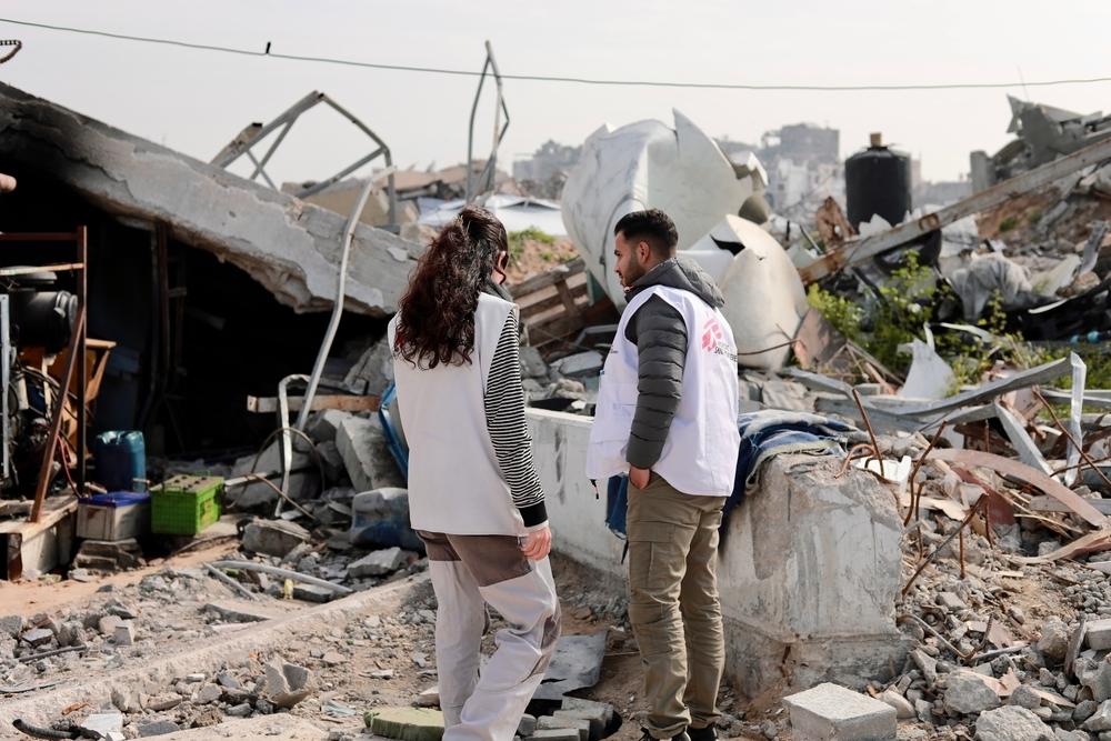 MSF water and sanitation engineers assessing water pipes in Beit Lahia city, north of Gaza strip, Palestine.