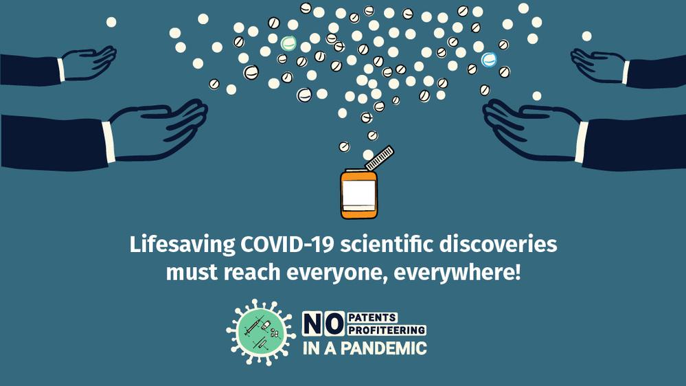 Graphic with text "Life saving COVID-19 scientific discoveries must reach everyone, everywhere!"