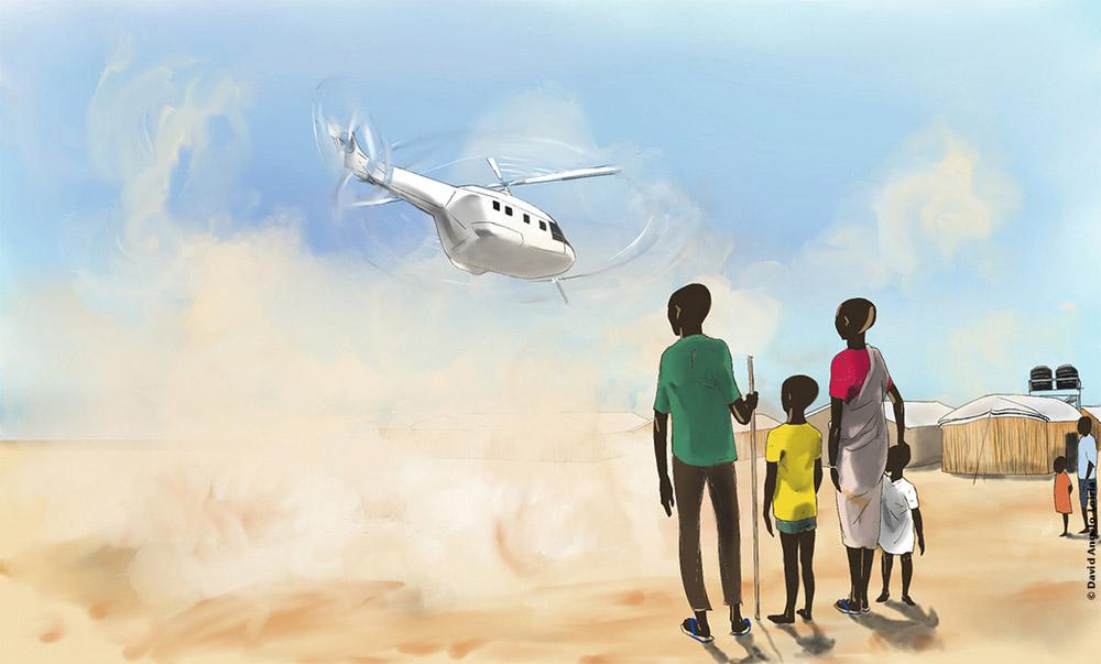 Graphic with kids looking at a helicopter