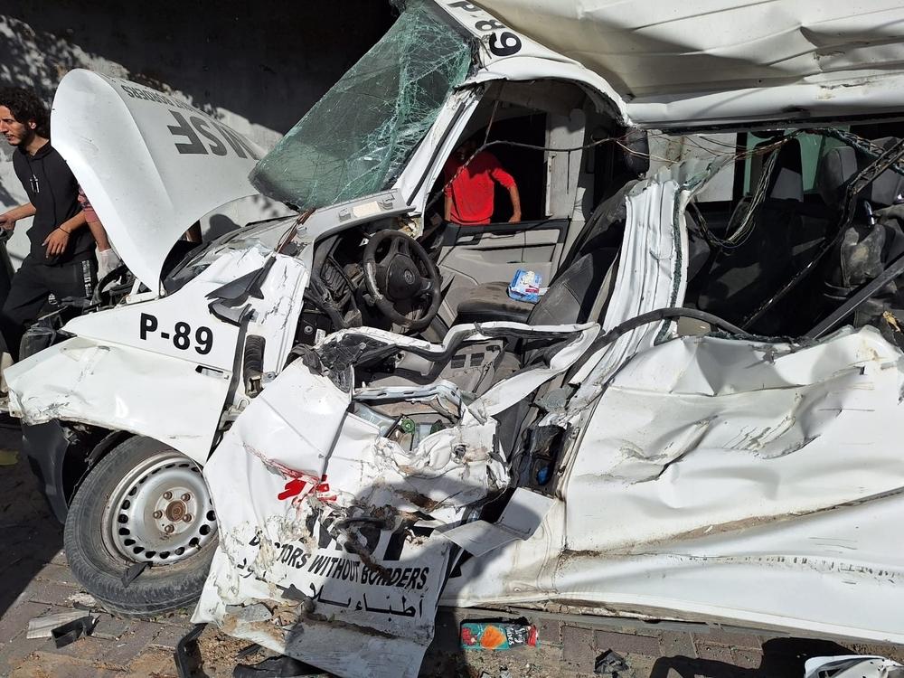 Image of an MSF Convoy attacked in Gaza, Palestine, by the IDF, Israeli army. 