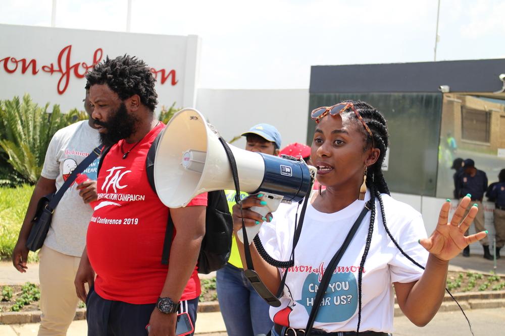 Candice Sehoma, Access Campaign Advocacy Officer outside Johnson and Johnson offices in Midrand South Africa 