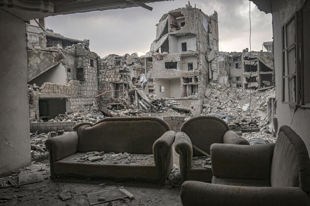 Abandoned and destroyed buildings in Ariha district in Idlib, Syria on February 19, 2020