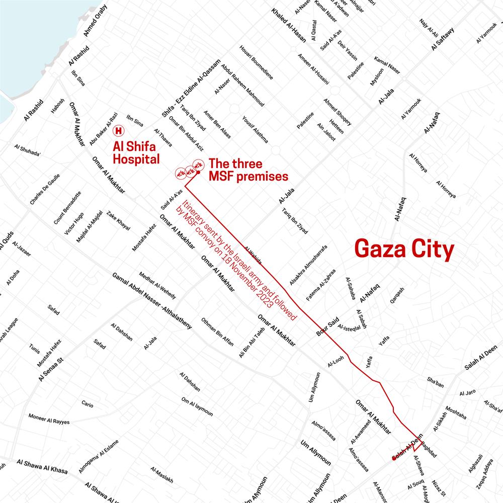 Image of a map where an MSF Convoy attack occurred in Gaza, Palestine, by the IDF, Israeli army. 