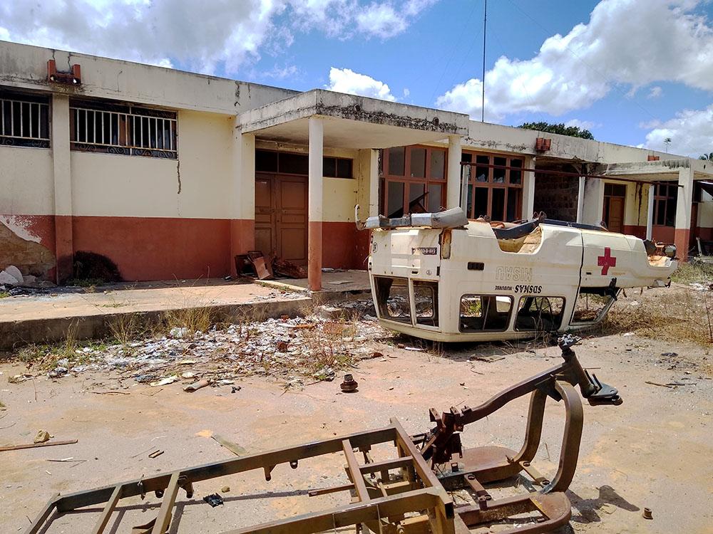 Image of a destroyed ambulance of the health centre in Muatide, in the district of Muidumbe in the northern Mozambican province of Cabo Delgado. 