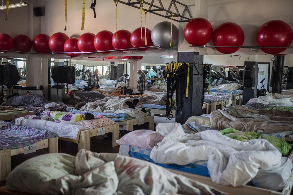 Gymnasium in the city of Uzhhorod, a city bordering Slovakia in the Transcarpathia region, converted into a shelter by its owner to provide accommodation for those displaced by the war in Ukraine.