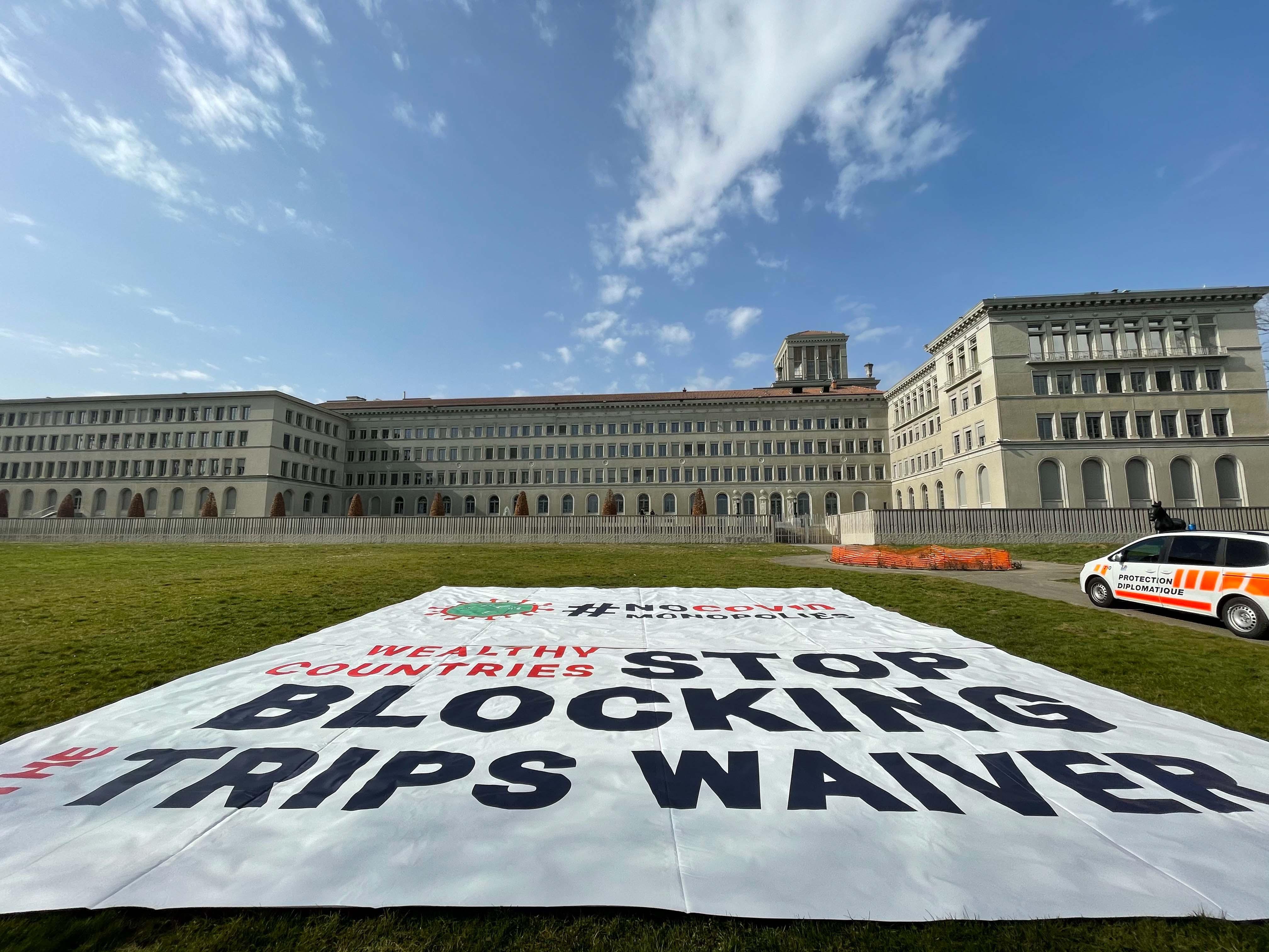 View of the banner deployed by MSF in front of the World Trade Organization (WTO) in Geneva. March 04 2021