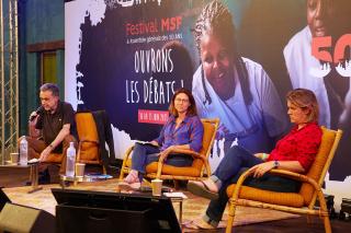 (from left to right) Pierre Cerrou, journalist and host, Dr Isabelle Defourny, director of operations, Dr Natalie Roberts, research officer at the MSF Foundation, speak during a debate questioning the role of humanitarians in the inequalities of access to healthcare and medical innovations. MSF 50th anniversary festival, June 2021.