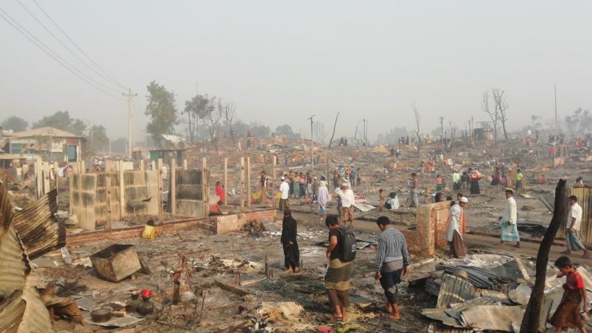A picture of burnt structure at the Cox's Bazaar refugee camp in Bangladesh